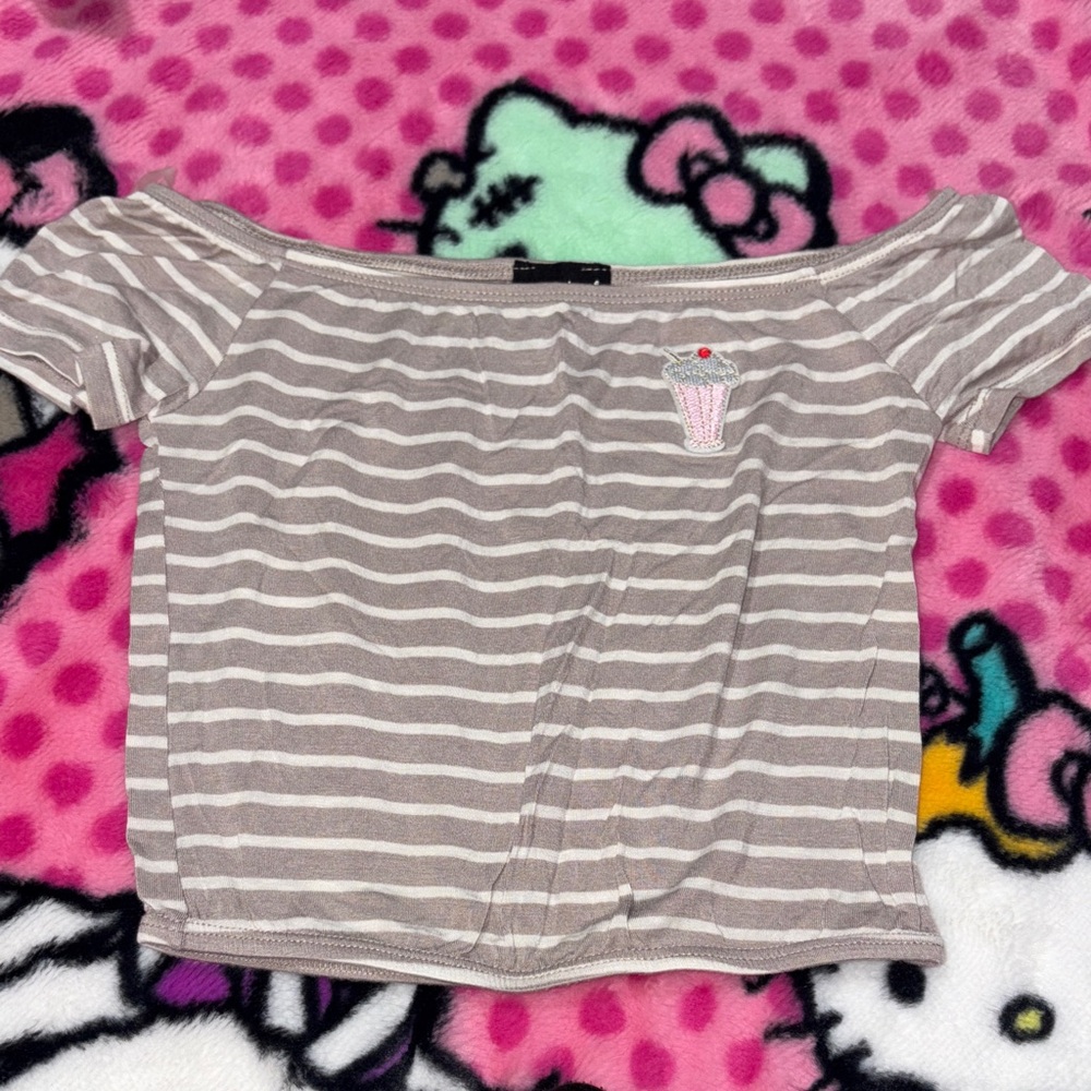 Striped Off-Shoulder Top with Ice Cream Patch